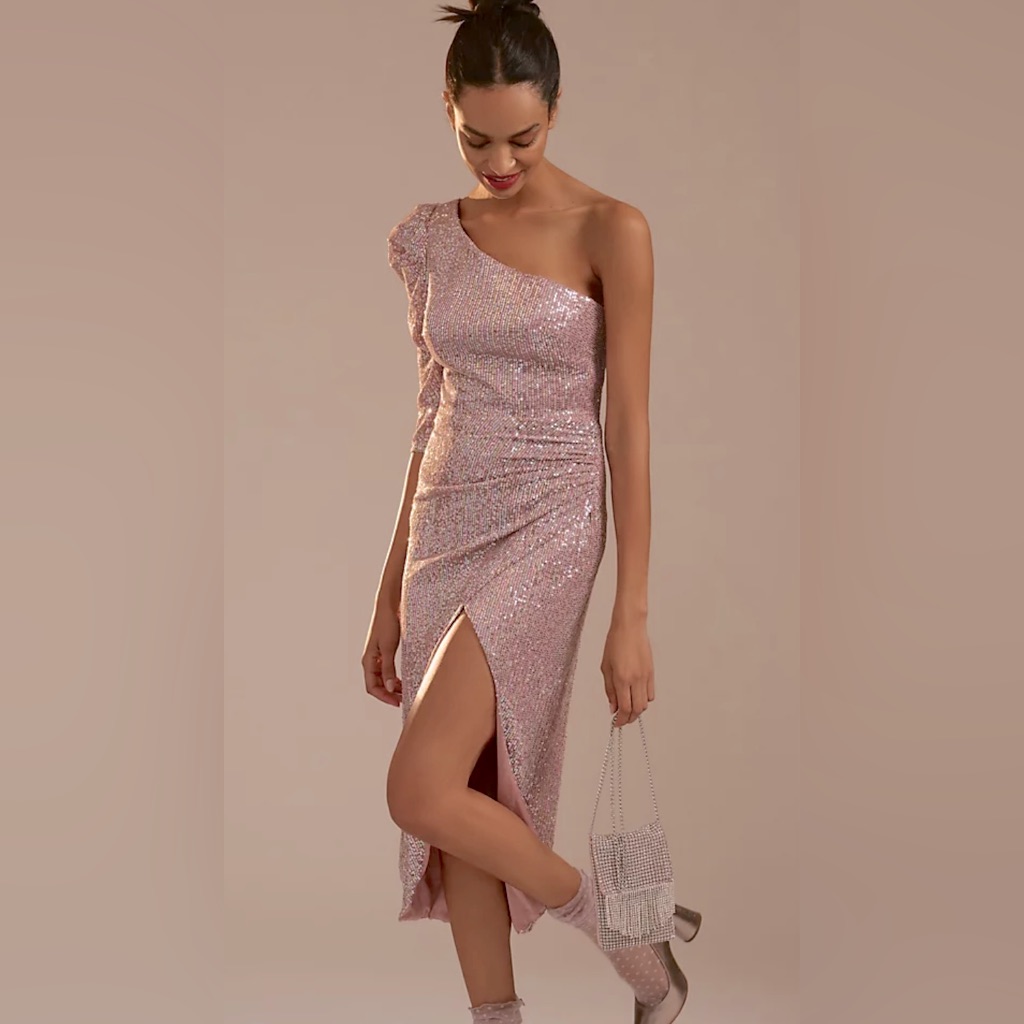 Nwt Mac Duggal Sequins One Shoulder Faux Wrap Dress Mauve Multi Color Size 4
